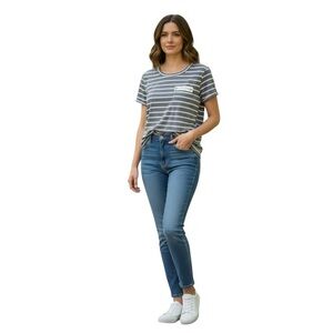 COMPANY ELLEN TRACY Women’s Grey with White Stripes Short Sleeve Top size Large
